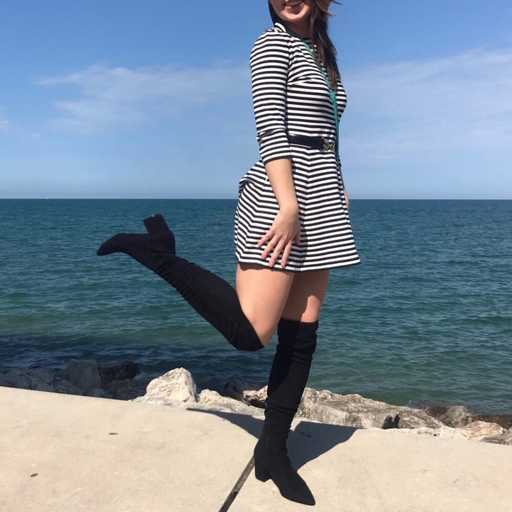 Kate spade stripe fit & flare b&w New York dress black white mini XS capsule